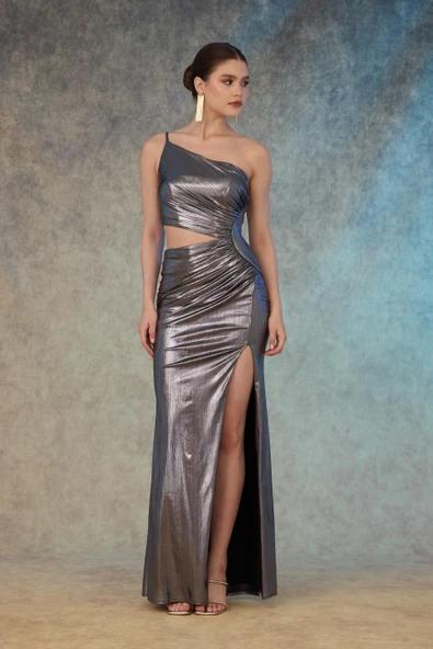 Dekolteli Yırtmaçlı Parlak Örme Abiye Elbise - Resim 8