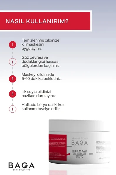 BAGA Kırmızı Kil Maskesi Gözenek Temizleyici Sebum Dengesi Sağlayıcı Maske 100 Ml - 4