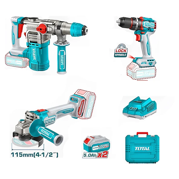 Total 3'lü Set 20 V 5.0 Ah Batarya Avuç Taşlama Vidalama Darbeli Kırıcı Delici Matkap ürün görseli