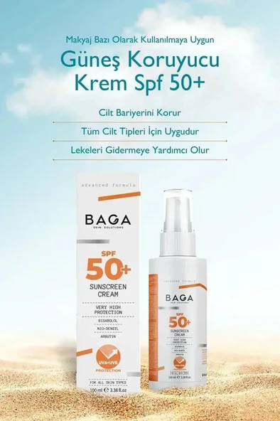 BAGA Güneş Koruyucu Krem Spf 50+ Doğal Vegan UVA ve UVB Işınlarına Karşı Koruma Güneş Kremi