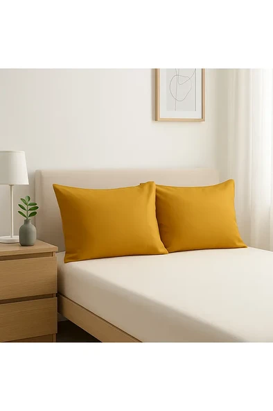 %100 Pamuk Ranforce 2'li Yastık Kılıfı, Hardal, 50x70 cm