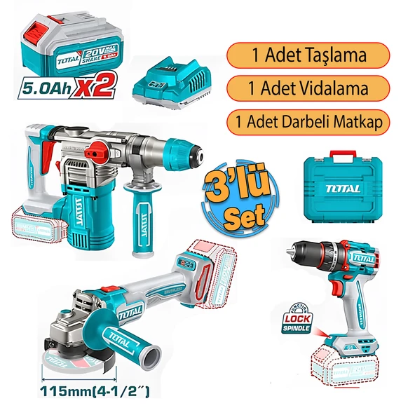 Total 3'lü Set 20 V 5.0 Ah Batarya Avuç Taşlama Vidalama Darbeli Kırıcı Delici Matkap - Resim 2