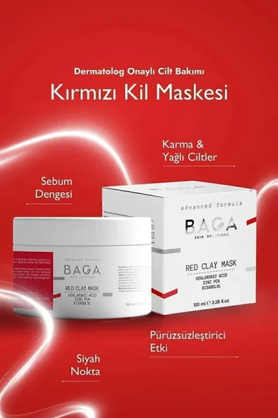 BAGA Kırmızı Kil Maskesi Gözenek Temizleyici Sebum Dengesi Sağlayıcı Maske 100 Ml