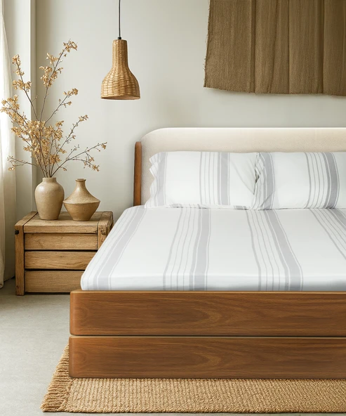 Cotton Collection Çift Kişilik Çizgili Çarşaf Seti Mistray