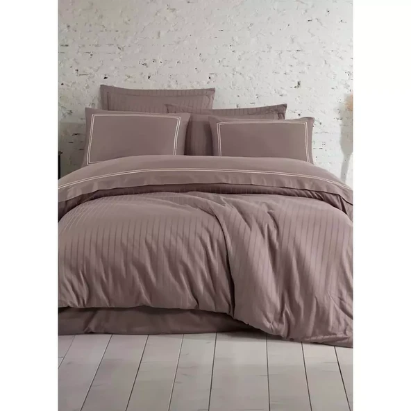 Dantela İmge Nakışlı Pamuk Saten Yollu Çift Kişilik Nevresim Takımı-A.Kahve