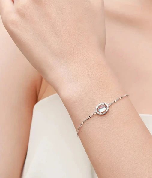 925 Ayar Özel Kesim Oval Aytaşı Kadın Gümüş Bileklik - Resim 2