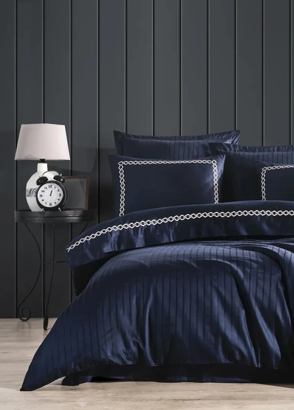 Dantela Nüans Nakışlı Pamuk Saten Yollu Çift Kişilik Nevresim Takımı-Lacivert - 2