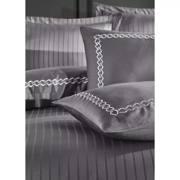 Dantela Nüans Nakışlı Pamuk Saten Yollu Çift Kişilik Nevresim Takımı-Gri - 3