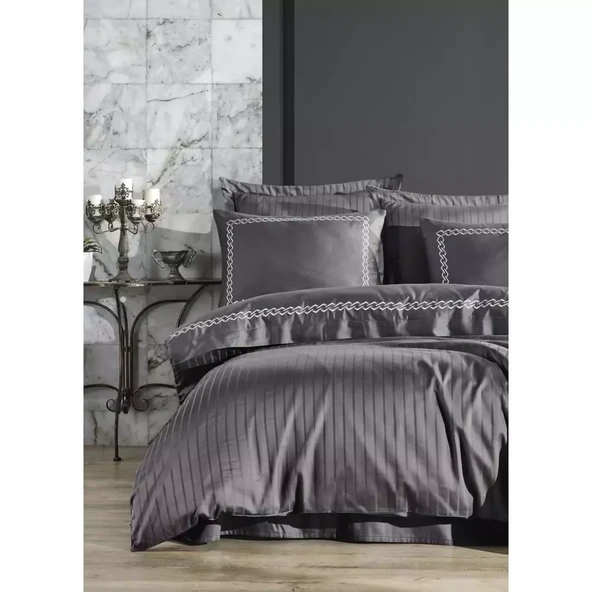 Dantela Nüans Nakışlı Pamuk Saten Yollu Çift Kişilik Nevresim Takımı-Gri - 2