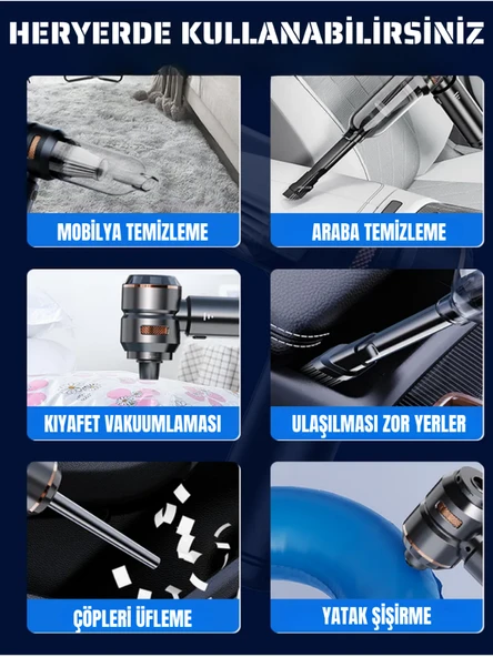 Şarjlı Araç Süpürgesi 16000 Pa Güçlü Emiş Üfleme ve Çekme,9 Başlıklı, Ev ve Araba - Resim 2