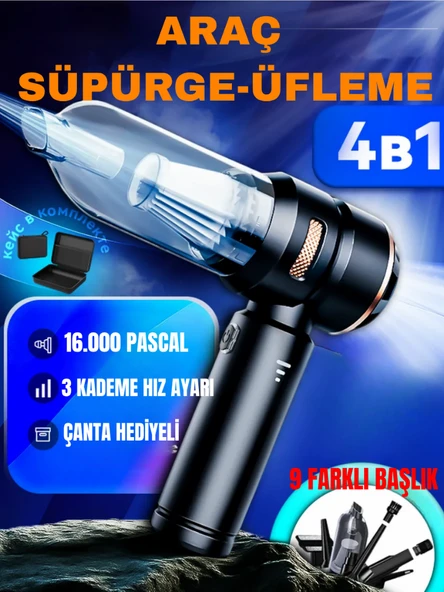 Şarjlı Araç Süpürgesi 16000 Pa Güçlü Emiş Üfleme ve Çekme,9 Başlıklı, Ev ve Araba ürün görseli