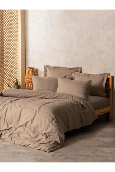 Plain Plaid Çift Kişilik Nevresim Takımı Vizon