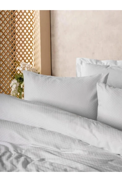 Plain Plaid Çift Kişilik Nevresim Takımı Beyaz - Resim 2