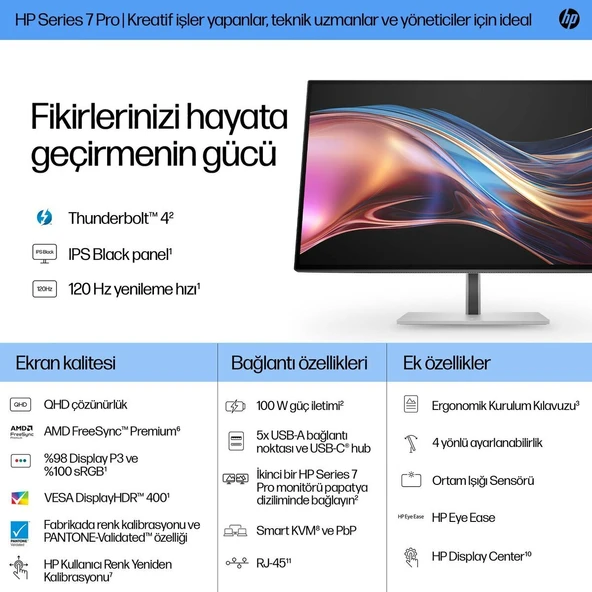 HP 27 8J9E6UT 727PU 7 PRO QHD 2560 x 1440 1xHDMI 1xDP THUNDERBOLT 4 MONITOR ürün görseli