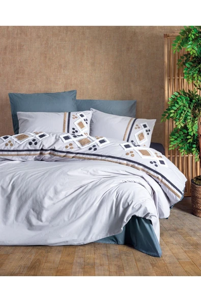 Puff Nakışlı Çift Kişilik Nevresim Takımı Stesso Gri ürün görseli