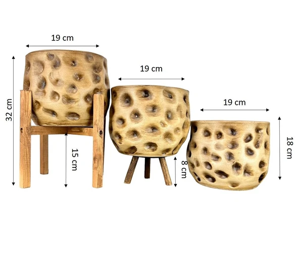 Bitki Tasarımı Ev Dekorasyon Aksesuar Naturel Desenli Toprak Saksı Saksılık Salon Çiçeklik Üçlü Set 19 CM - 2