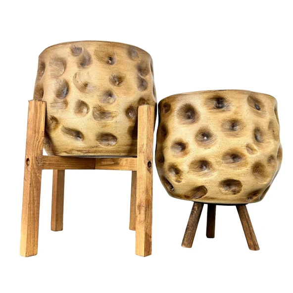 Bitki Tasarımı Ev Dekorasyon Aksesuar Naturel Desenli Toprak Saksı Saksılık Salon Çiçeklik İkili Set 4 Ayaklı - 3 Ayaklı 19 CM - Resim 3