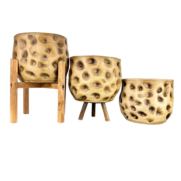 Bitki Tasarımı Ev Dekorasyon Aksesuar Naturel Desenli Toprak Saksı Saksılık Salon Çiçeklik Üçlü Set 19 CM - 1