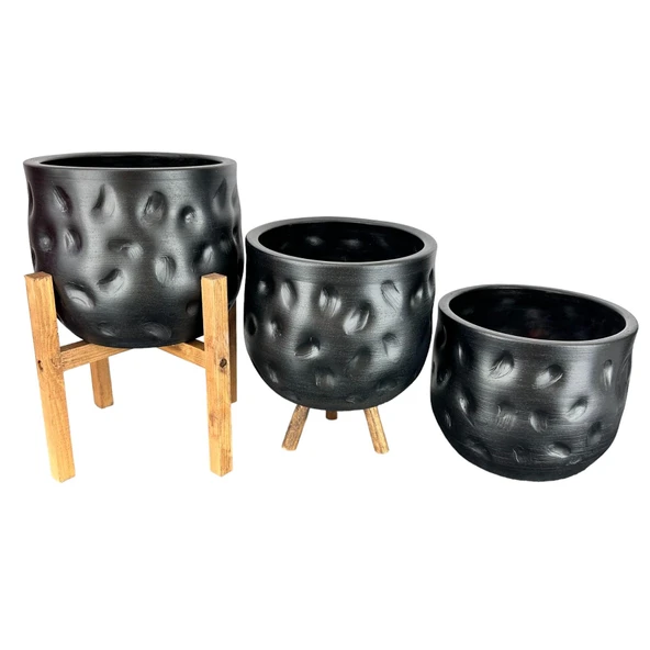 Bitki Tasarımı Ev Dekorasyon Aksesuar Siyah Desenli Toprak Saksı Saksılık Salon Çiçeklik Üçlü Set 19 CM - Resim 5