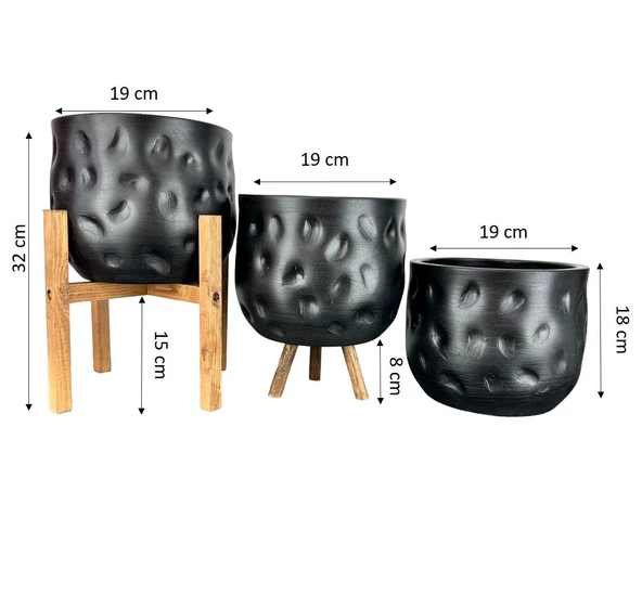 Bitki Tasarımı Ev Dekorasyon Aksesuar Siyah Desenli Toprak Saksı Saksılık Salon Çiçeklik Üçlü Set 19 CM - Resim 2