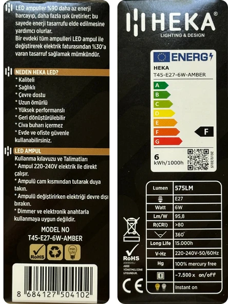 (3 Adet) Heka 6W (48W) 2500K (Günışığı) E27 Duylu (Kalın Duy) Şeffaf Led Ampul - Resim 4