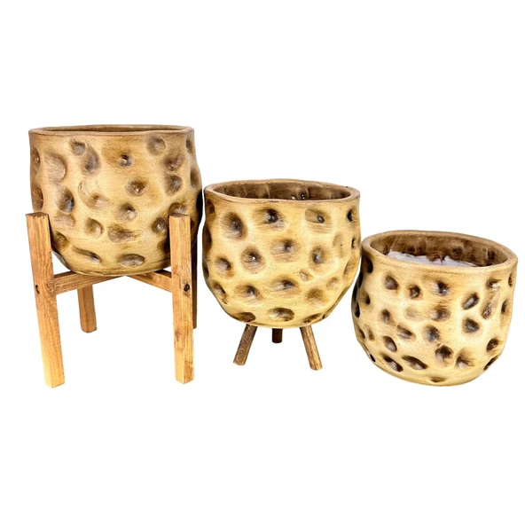 Bitki Tasarımı Ev Dekorasyon Aksesuar Naturel Desenli Toprak Saksı Saksılık Salon Çiçeklik Üçlü Set 19 CM - 4