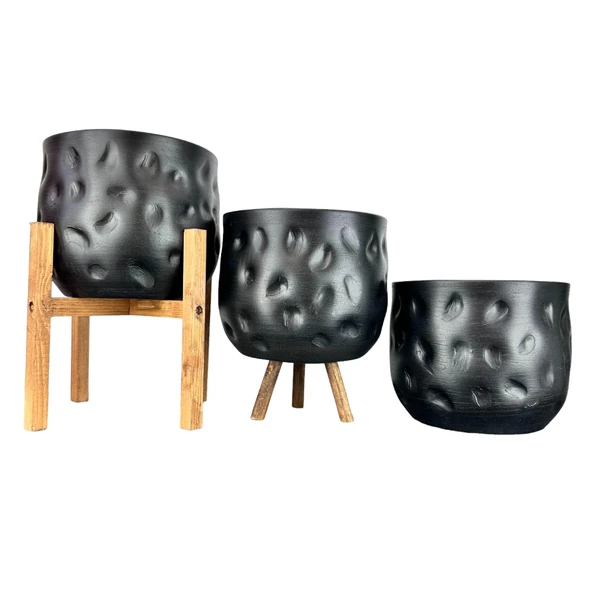 Bitki Tasarımı Ev Dekorasyon Aksesuar Siyah Desenli Toprak Saksı Saksılık Salon Çiçeklik Üçlü Set 19 CM ürün görseli