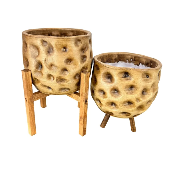 Bitki Tasarımı Ev Dekorasyon Aksesuar Naturel Desenli Toprak Saksı Saksılık Salon Çiçeklik İkili Set 4 Ayaklı - 3 Ayaklı 19 CM - Resim 4