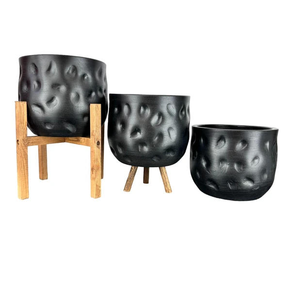 Bitki Tasarımı Ev Dekorasyon Aksesuar Siyah Desenli Toprak Saksı Saksılık Salon Çiçeklik Üçlü Set 19 CM - Resim 3