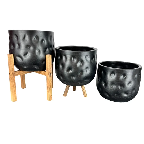 Bitki Tasarımı Ev Dekorasyon Aksesuar Siyah Desenli Toprak Saksı Saksılık Salon Çiçeklik Üçlü Set 19 CM - Resim 4