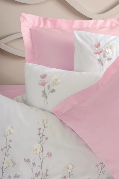 3d Nakışlı Saten Çift Kişilik Nevresim Takımı Jolie Pembe - Resim 3