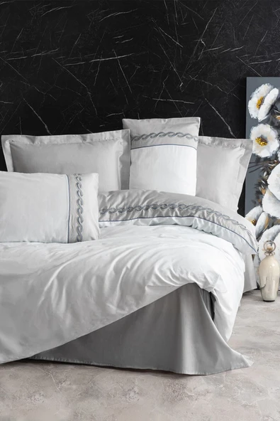 Nakışlı Saten Çift Kişilik Nevresim Takımı Fedor Gri