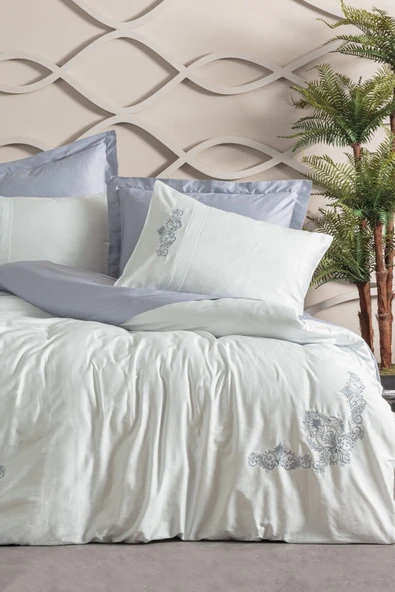 Nakışlı Saten Çift Kişilik Nevresim Takımı Biana Gri - Resim 2