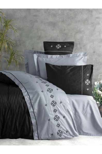 Brode Nakışlı Çift Kişilik Saten Nevresim Takımı Elisa Gri ürün görseli