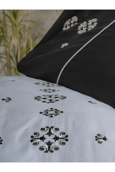 Brode Nakışlı Çift Kişilik Saten Nevresim Takımı Elisa Gri - Resim 2