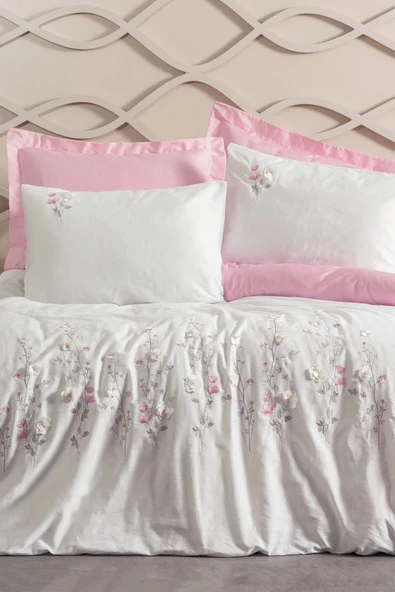 3d Nakışlı Saten Çift Kişilik Nevresim Takımı Jolie Pembe - Resim 2