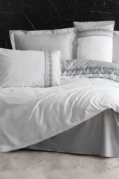 Nakışlı Saten Çift Kişilik Nevresim Takımı Fedor Gri - 2