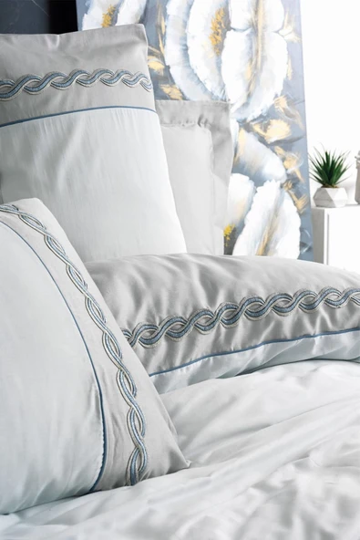 Nakışlı Saten Çift Kişilik Nevresim Takımı Fedor Gri - 3