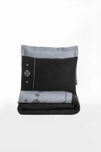 Brode Nakışlı Çift Kişilik Saten Nevresim Takımı Elisa Gri - Resim 4