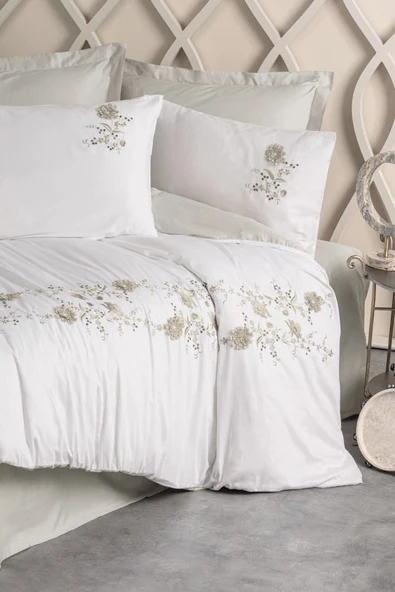 3d Nakışlı Saten Çift Kişilik Nevresim Takımı Urian Bej - Resim 2