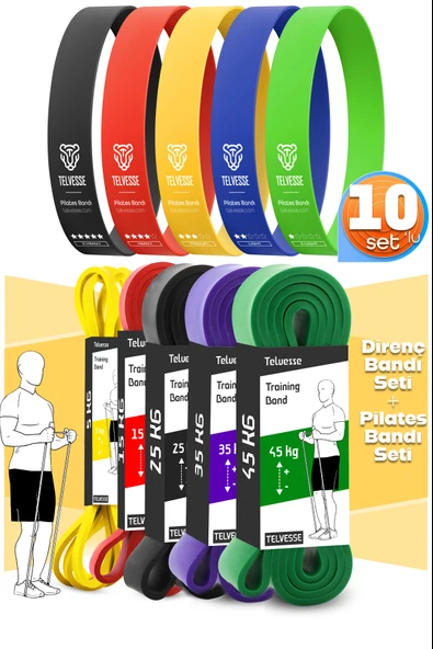 10lu TERA SET 5+15+25+35+45 KG + 5Li Pilates Direnç Bandı Barfiks Lastiği Loop Band Mix Ton ürün görseli 1