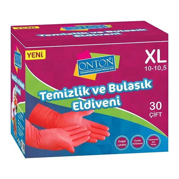 Onton Bulaşık ve Temizlik Eldiveni 30 Çift XL (10-10,5) Kırmızı Lateks - 1