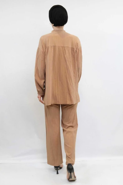 Moda Çizgili Robalı İkili Takım Vizon - Resim 4