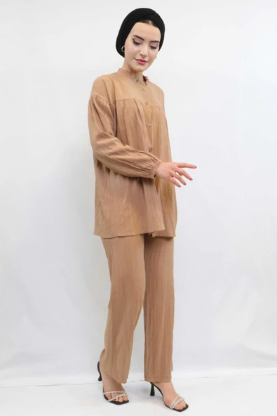 Moda Çizgili Robalı İkili Takım Vizon - Resim 3