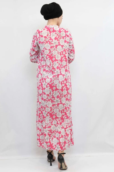 Moda Çizgi Çiçek Desenli Pileli Elbise Fuşya - 4