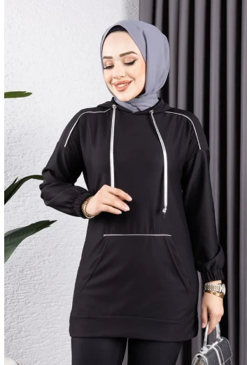 Biyeli Kapşonlu Spor Takım SİYAH ürün görseli 1