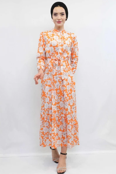 Moda Çizgi Çiçek Desenli  Pileli Elbise Turuncu - 2