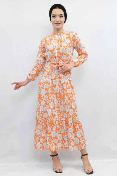 Moda Çizgi Çiçek Desenli Pileli Elbise Turuncu