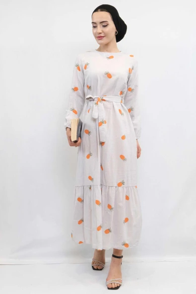 Moda Çizgi Desenli Elbise Turuncu - 4