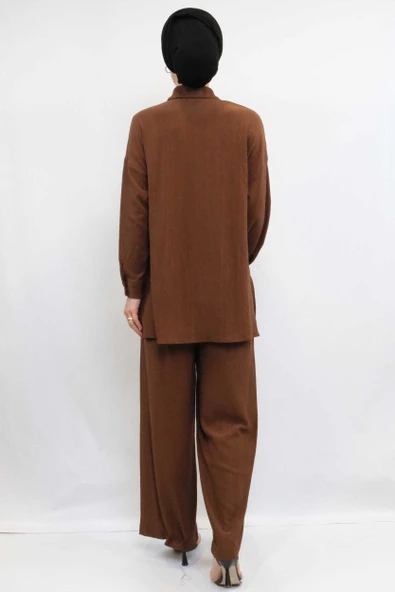 Moda Çizgi Zincir Aksesuarlı İkili Takım  Kahve - Resim 4